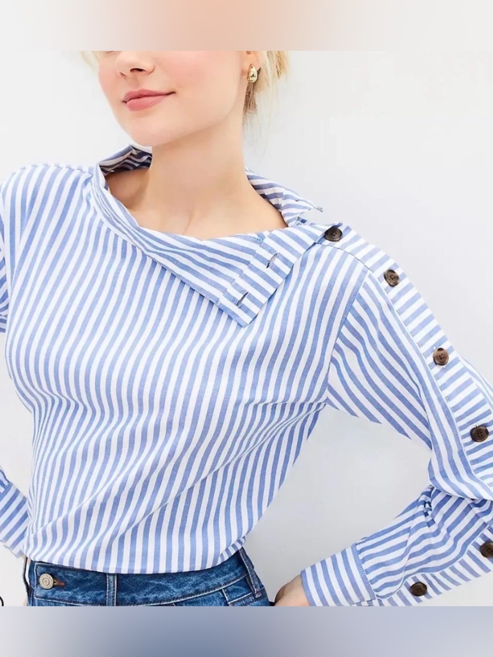LOFT Blue and White Striped Button-Shoulder Shirt